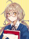  1girl absurdres ahoge blue_sweater book brown_hair flower glasses hair_bobbles hair_flower hair_ornament highres holding holding_book long_hair low_twintails red-framed_eyewear solo suju0813 sweatdrop sweater twintails yellow_background yellow_eyes 