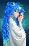  1girl absurdres blue_eyes blue_hair commentary english_commentary flower from_side hair_ornament hand_up hatsune_miku highres hydrangea leaf_hair_ornament long_hair looking_back solo sverhnova twintails upper_body vocaloid 