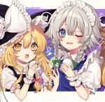  3girls :o ;d artist_name black_nails black_vest blonde_hair blue_nails blue_vest blush braid collared_shirt eyelashes frilled_sleeves frills green_ribbon grey_hair hair_between_eyes hair_ribbon hat hat_ribbon holding izayoi_sakuya kirisame_marisa kyouda_suzuka letterboxed lightning_bolt_symbol long_hair looking_at_viewer moriya_suwako multiple_girls nail_polish one_eye_closed open_mouth out_of_frame pink_ribbon puffy_short_sleeves puffy_sleeves pyonta ribbon shirt short_sleeves single_braid smile standing star_(symbol) string_phone teeth touhou tress_ribbon turtleneck twintails upper_body upper_teeth_only vest white_shirt wing_collar witch_hat wrist_cuffs yellow_eyes 