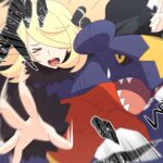  &gt;_&lt; 1girl :d absurdres blonde_hair blurry blush_stickers closed_eyes commentary_request cynthia_(pokemon) emphasis_lines fur_collar garchomp hair_over_one_eye highres long_hair long_sleeves open_mouth pokemon pokemon_(creature) pokemon_dppt smile sweatdrop teeth upper_teeth_only xin_lan_deng 