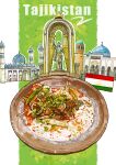  absurdres bmu_s building flag food food_focus highres meat middle_eastern_architecture no_humans original plate rice statue tajikistan tajikistani_flag vegetable 