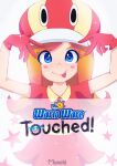  1girl absurdres arms_up artist_name blue_eyes dress gloves hat highres long_hair mona_(warioware) munchi_png orange_hair red_dress red_gloves smile star_(symbol) striped_clothes striped_headwear tongue tongue_out warioware warioware:_touched! 