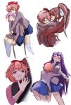  4girls blazer blue_skirt breasts brown_hair chair doki_doki_literature_club face_to_breasts highres hug jacket large_breasts long_sleeves monika_(doki_doki_literature_club) multiple_girls natsuki_(doki_doki_literature_club) pink_hair ponytail purple_hair red_ribbon ribbon sayori_(doki_doki_literature_club) school_uniform short_hair sitting sketch skirt socks v-shaped_eyebrows white_socks yame_pi yuri_(doki_doki_literature_club) 