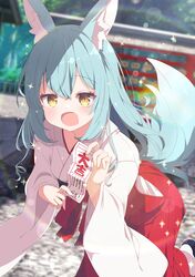  1girl absurdres animal_ears aqua_hair blurry blurry_background blush commission fox_ears fox_tail hakama highres holding japanese_clothes kimono long_hair miko open_mouth original red_hakama ribbon-trimmed_sleeves ribbon_trim shiro9jira skeb_commission tail white_kimono wide_sleeves yellow_eyes 