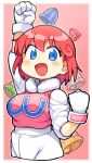  1girl :d arm_up bachera bell blue_eyes blush breasts clenched_hands commentary_request gloves highres konami looking_at_viewer open_mouth pants pastel_(twinbee) pink_background pink_hair short_hair smile twinbee white_gloves white_pants 