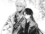  2boys bishounen character_request chinese_commentary closed_mouth commentary_request dark-skinned_male dark_skin feather_print haori happy height_difference highres japanese_clothes juuni_kokuki kimono light_smile long_hair long_sleeves looking_at_viewer male_focus multiple_boys qiliang_yubaichuan simple_background smile thick_eyebrows upper_body very_long_hair 