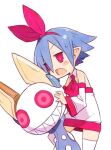  1girl bare_shoulders blue_hair blush commentary_request detached_sleeves disgaea fang flat_chest hairband harada_takehito open_mouth original pleinair pointy_ears rabbit red_eyes short_hair simple_background solo thigh-highs usagi-san white_background 