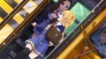  22/7 22/7_ongaku_no_jikan 2girls bag black_thighhighs blonde_hair blue_eyes blue_jacket blue_skirt blurry bow brown_bag brown_hair bus collared_shirt depth_of_field dutch_angle fujima_sakura game_cg hair_ornament highres jacket lens_flare long_hair long_sleeves looking_at_another motor_vehicle multiple_girls non-web_source official_art open_mouth over-kneehighs pleated_skirt red_bow school_bag school_bus school_uniform shirt sidelocks single_hair_ring skirt smile sparkle teeth thigh-highs upper_teeth_only violet_eyes white_shirt 