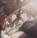  1boy 1girl aerith_gainsborough armor bandaged_arm bandages blonde_hair blue_eyes braid braided_ponytail brown_hair cloud_strife couple earrings final_fantasy final_fantasy_vii final_fantasy_vii_rebirth final_fantasy_vii_remake flower_bed green_eyes hair_ribbon hetero highres holding holding_staff jacket jewelry long_hair looking_at_another parted_bangs parted_lips pink_ribbon red_jacket ribbon short_hair shoulder_armor sidelocks signature single_braid single_earring smile spiky_hair staff turtleneck upper_body wavy_hair yuu_crazy_doll_sae 