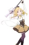  beret corset drill_hair gun hat magical_girl magical_musket mahou_shoujo_madoka_magica striped_clothes striped_thighhighs thigh-highs tomoe_mami twin_drills vertical-striped_clothes vertical-striped_thighhighs weapon 