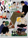  3boys akaashi_keiji black_hair black_sweater bokuto_koutarou book brown_pants brown_socks character_request chengongzi123 closed_mouth collared_shirt commentary crossed_legs disembodied_limb full_body glasses grey_background haikyuu!! highres holding holding_book indian_style knees_up long_hair long_sleeves male_focus multiple_boys multiple_views pants reading shirt short_hair simple_background sitting socks sweater symbol-only_commentary thought_bubble translation_request turtleneck turtleneck_sweater very_short_hair white_shirt 