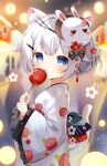 1girl :3 animal_ear_fluff animal_ears artist_name blue_eyes blurry blurry_background blush bow braid braided_bun candy_apple closed_mouth commentary_request cowboy_shot dot_nose festival flower food food_stand frilled_sleeves frills fujii_shino glowing_flower hair_bow hair_bun hair_flower hair_ornament hairclip heart heart_of_string holding holding_food japanese_clothes kimono lantern licking light_particles looking_at_viewer looking_to_the_side mask mask_on_head obi original print_kimono print_sash rabbit_mask sash short_hair tail unworn_mask watermark white_hair 