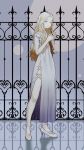  1girl blonde_hair blue_eyes dress fence full_body fumikazu high_heels long_hair looking_at_viewer original own_hands_together reflective_floor short_sleeves solo standing white_dress white_footwear 