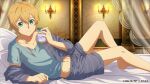  1boy barefoot bed bed_sheet blonde_hair blue_shirt eugeo fingernails green_eyes hair_between_eyes legs looking_at_viewer male_focus navel official_art pajamas shirt short_sleeves sword_art_online 