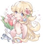 blonde_hair blue_eyes blush bouquet closed_mouth dress earrings flower gloves hair_flower hair_ornament highres holding holding_bouquet jewelry konata_w1225 long_hair looking_at_viewer no_headwear pink_dress pink_flower princess_peach simple_background sleeveless sphere_earrings super_mario_bros. upper_body white_background white_flower white_gloves 