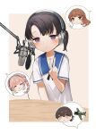  4girls a5m aircraft airplane black_hair blue_sailor_collar commentary_request dress headphones helena_(kancolle) highres kantai_collection kasuga_maru_(kancolle) microphone multiple_girls one-hour_drawing_challenge sailor_collar sailor_dress short_sleeves shounan_(kancolle) solo_focus speech_bubble twintails upper_body v violet_eyes white_dress yamashichi_(mtseven) yura_(kancolle) 