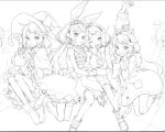  4girls ;d ahoge animal animal_ears animal_on_head arm_up bacheally blunt_bangs blush boots bow braid candy candy_cane capelet closed_mouth coat dress fake_animal_ears flower food frills full_body greyscale hair_bow hair_ribbon hairband hand_up hat holding holding_candy holding_food holding_staff holding_wand hood jacket kyu-kurarin_(cevio) lineart long_hair long_sleeves looking_at_viewer low_twintails monochrome multiple_girls multiple_views on_head one_eye_closed open_mouth original parted_lips puffy_long_sleeves puffy_sleeves rabbit_ears ribbon shirt shoes shorts simple_background sitting sketch skirt sleeveless smile staff thigh-highs twin_braids twintails very_long_hair wand white_background witch witch_hat 