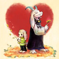  3boys asriel_dreemurr asriel_dreemurr_(god_of_hyperdeath) barefoot black_robe black_sclera caprine claws colored_sclera floppy_ears flower flowey_(undertale) full_body furry furry_male goat goat_boy goat_ears goat_horns heart highres holding holding_flower horns jewelry male male_focus monster monster_boy multiple_boys multiple_persona necklace petals red_eyes robe shirt standing striped_clothes striped_shirt undertale white_fur white_horns yellow_flower yoshika_(kotorizinbei) 