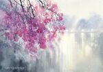  branch cherry_blossoms day lake nara_watercolor no_humans original painting_(medium) plant reflection reflective_water scenery sky traditional_media tree watercolor_(medium) white_sky 