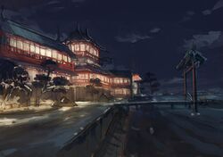  absurdres architecture bridge east_asian_architecture highres light mansion moat night night_sky no_humans original road sanegesan scenery shadow sky street torii water 
