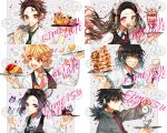  2girls 4boys agatsuma_zenitsu ascot black_hair black_vest blonde_hair blue_eyes blue_hair butterfly_hair_ornament cake checkered_necktie cross_tie cup food fruit hair_ornament hand_up hashibira_inosuke holding holding_tray ice_cream kamado_nezuko kamado_tanjirou ketchup kimetsu_no_yaiba kochou_shinobu medium_hair multicolored_hair multiple_boys multiple_girls necktie omelet omurice open_mouth orange_eyes orange_hair orange_necktie pancake pancake_stack parfait pink_eyes pink_hair pink_necktie pouring sapphire_(nine) strawberry streaked_hair sweat sweets_paradise teacup teapot tomioka_giyuu tray vest whisk 