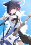  1girl absurdres animal_ears bass_guitar black_hair black_jacket black_mask blue_archive blue_sky cat_ears cat_girl clothes_around_waist clothes_writing clouds colored_inner_hair day fender_jazz_bass futagoma halo highres holding holding_instrument holding_microphone instrument jacket jacket_around_waist kazusa_(band)_(blue_archive) kazusa_(blue_archive) looking_at_viewer mask mask_pull microphone mouth_mask multicolored_hair official_alternate_costume outdoors pink_hair red_eyes shirt skirt sky smile solo t-shirt two-tone_hair white_halo white_shirt white_skirt 