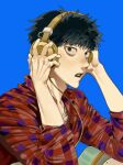  1boy adjusting_clothes adjusting_headwear black_eyes black_hair blue_background commentary_request hands_on_headphones japtangtang2 kageyama_shigeo korean_commentary long_sleeves looking_at_viewer male_focus mob_psycho_100 open_mouth plaid_clothes plaid_shirt shirt short_hair simple_background sleeves_rolled_up solo teeth upper_body upper_teeth_only white_shirt 