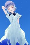 1girl arm_up bad_id bad_twitter_id blue_background blue_hair blue_sky collared_dress commentary dress english_commentary feet_out_of_frame hakase_fuyuki hat highres kerorira looking_at_viewer nijisanji open_mouth red_eyes short_hair short_sleeves simple_background sky smile solo standing virtual_youtuber white_dress wind 