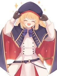  1girl :d ^_^ absurdres adjusting_clothes adjusting_headwear artoria_caster_(fate) artoria_caster_(second_ascension)_(fate) artoria_pendragon_(fate) belt belt_buckle beret black_gloves blonde_hair blue_belt blue_bow blue_cape blue_hat blush bow bowtie buckle buttons cape closed_eyes collared_dress cowboy_shot double-breasted dress facing_viewer fate/grand_order fate_(series) gloves hat highres koromo_(osakana0525) long_hair long_sleeves open_mouth puffy_sleeves scabbard sheath sheathed simple_background smile solo sparkle standing sword twintails two-sided_cape two-sided_fabric very_long_hair weapon white_background white_dress wing_collar 