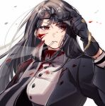  1girl black_coat black_gloves black_hair blood blood_on_clothes blood_on_face cigarette closed_mouth coat contempt_awe_(e.g.o) e.g.o_(project_moon) eyewear_on_head floating_hair gloves hand_up highres limbus_company long_hair long_sleeves looking_at_viewer project_moon red_eyes rnaro_maro ryoshu_(project_moon) solo sunglasses very_long_hair 