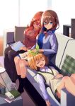  3girls :d absurdres black_socks blue_eyes blue_shirt blush book brown_hair casual closed_eyes closed_mouth collared_shirt commentary couch drooling feet_out_of_frame go-toubun_no_hanayome green_ribbon hair_between_eyes hair_ornament hair_over_one_eye hair_ribbon hand_on_another&#039;s_shoulder head_rest headpat headphones headphones_around_neck highres indoors kneehighs knees_up lap_pillow long_hair long_sleeves looking_at_another lying medium_hair mouth_drool multiple_girls nakano_itsuki nakano_miku nakano_yotsuba on_back on_couch open_book open_mouth orange_hair redhead ribbed_sweater ribbon shirt siblings sidelocks sisters sitting sleeping sleeveless sleeveless_sweater smile socks star_(symbol) star_hair_ornament sweater triplets white_shirt yasuba_yuichi 