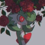  bob_cut colored_skin flower gardevoir green_hair grey_background hair_over_one_eye inoue_(fydns7) multicolored_skin pink_eyes pokemon pokemon_(creature) red_flower red_rose rose serious simple_background two-tone_skin upper_body white_skin 