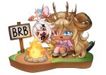  &gt;_&lt; 2girls absurdly_long_hair absurdres anklet antlers aria_wintermint bad_link biree_(artist) blonde_hair blue_eyes blue_scarf boots bow campfire chibi commission commissioner_upload dark_skin diorama dragon_tail drooling earrings english_text fairy frilled_skirt frilled_sleeves frills full_body garter_belt genshin_impact gold_bracelet grass hair_bow hair_ornament hairclip halo hat heterochromia highres hooves horns jewelry layered_skirt leaf long_hair long_sleeves maple_leaf medium_hair mouth_drool multiple_girls mushroom open_mouth original paimon_(genshin_impact) pink_eyes pointy_ears romper scared scarf shirt sign simple_background single_thighhigh sitting skewer skirt star_(symbol) star_hair_ornament sticker striped_clothes striped_scarf tail teeth thigh-highs tied_shirt top_hat tree_stump upper_teeth_only very_long_hair white_hair white_romper zepi_(resolem) 