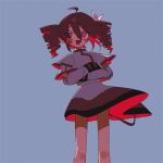  1girl adpx ahoge backlighting blush crossed_arms drill_hair feet_out_of_frame floating_hair grey_background grey_jacket grey_skirt hair_between_eyes hair_ribbon highres jacket jitome kasane_teto kasane_teto_(sv) long_sleeves looking_at_viewer medium_hair multicolored_clothes multicolored_skirt open_mouth red_eyes red_skirt redhead ribbon simple_background skirt sleeve_cuffs smile solo standing synthesizer_v twin_drills twintails uniform utau white_ribbon 