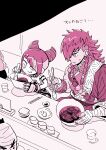  1boy 1girl :t absurdres bandaged_hand bandages blush bosch_(street_fighter) bowl bracelet braid chibi choker chopsticks drill_hair eating full_mouth gloves han_juri highres holding holding_bowl holding_chopsticks holding_spoon jewelry kangyaku long_hair looking_at_another looking_at_food monochrome pink_theme sleeveless spiked_bracelet spiked_choker spikes spoon street_fighter street_fighter_6 sweatdrop twin_braids twin_drills 