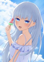 1230_mochi 1girl absurdres blue_eyes blue_hair blush clouds food hair_ornament hairclip highres holding holding_food holding_ice_cream ice_cream long_hair looking_at_viewer naruse_shiroha smile solo summer summer_pockets