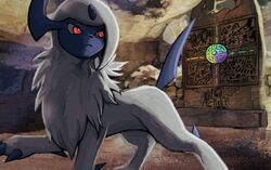  absol bright_pupils claws closed_mouth commentary_request frown no_humans pokemon pokemon_(creature) red_eyes rock ruins sagemaru-br solo standing white_pupils 