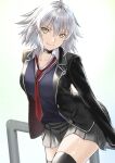  1girl ahoge black_choker breasts choker collared_shirt fate/grand_order fate_(series) grey_hair highres jacket jeanne_d&#039;arc_alter_(avenger)_(fate) jeanne_d&#039;arc_alter_(fate) kaijin-m large_breasts looking_at_viewer necktie official_alternate_costume open_clothes open_jacket school_uniform shirt short_hair skirt smile solo sweater thigh-highs thighs yellow_eyes 