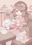  1girl absurdres animal_ears blush brown_hair capelet coffee colon_br couch cup dress english_text fur_trim hat highres holding holding_cup long_hair looking_at_viewer mug open_mouth original pantyhose pink_dress red_eyes sitting stuffed_animal stuffed_toy table 