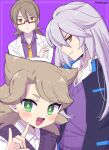  3boys blush crossed_arms fox_shadow_puppet glasses green_eyes kitsune kyuubi kyuubi_(youkai_watch) kyuubi_ryuusuke looking_at_viewer male_focus multiple_boys multiple_tails necktie open_mouth purple_background purple_shirt science_teacher_(youkai_watch) shirt simple_background sweater_vest tabana tail twitter_username yellow_necktie youkai_(youkai_watch) youkai_watch youkai_watch_jam:_youkai_gakuen_y 