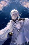  1boy armor black_gloves gloves hair_between_eyes highres holding holding_sword holding_weapon japanese_armor japanese_clothes katana looking_at_viewer male_focus mikazuki_munechika shichimi_(ftlvampire32) short_hair smile solo sword tassel touken_ranbu upper_body weapon white_hair yellow_eyes 