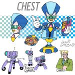  2boys aqua_background aqua_necktie ariga_hitoshi armor arrow_(symbol) artist_name blonde_hair blue_armor blue_background blue_helmet bodysuit camera character_name charley_(mega_man_megamix) checkered_background chest_(mega_man) collared_shirt commentary_request concept_art earpiece from_behind from_side full_body glasses gradient_background green_jacket grey_bodysuit hand_on_own_stomach hand_up head-mounted_display highres holding holding_tablet_pc humanoid_robot index_finger_raised jacket lapels long_hair looking_ahead looking_at_viewer male_focus mega_man:_battle_&amp;_chase mega_man_(classic) mega_man_(series) mega_man_megamix multiple_boys multiple_views necktie notched_lapels portrait radio_antenna reference_sheet rimless_eyewear robot robot_ears scanlines shirt signature simple_background smile soles standing suit_jacket tablet_pc teeth three_quarter_view upper_body wheel white_background white_shirt 