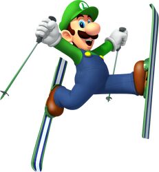  1boy 3d arms_up blue_eyes blue_overalls brown_footwear brown_hair buttons cabbie_hat clothes_writing facial_hair full_body gloves green_hat green_shirt happy hat highres holding_ski_pole jumping legs_up long_sleeves looking_at_viewer luigi male_focus mario_&amp;_sonic_(series) mario_&amp;_sonic_at_the_olympic_winter_games mustache official_art open_mouth overalls shirt shoes short_hair simple_background ski_pole skiing skis smile solo spread_legs super_mario_bros. teeth third-party_source transparent_background white_gloves 