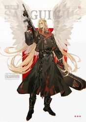  +++ angel_wings black_footwear black_gloves blonde_hair blood blood_angels blood_on_clothes blue_eyes boots coat dated english_text ginias gloves gun highres holding holding_gun holding_weapon jewelry laurel_crown long_hair primarch sanguinius signature smirk submachine_gun thompson_submachine_gun trench_coat twitter_username violin_case warhammer_40k weapon wings 