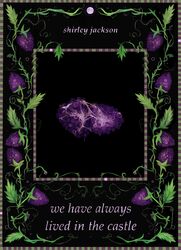  berry black_background blackberry_(fruit) book_cover_(medium) border commentary copyright_name english_commentary english_text food fruit full_moon green_border highres horror_(theme) inset_border leaf limited_palette moon no_humans plant plant_focus purple_border quezify rotting symmetry vines we_have_always_lived_in_the_castle 