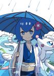  1girl :d blue_eyes blue_kimono bright_pupils closed_mouth commentary_request flower hair_flower hair_ornament highres holding holding_umbrella japanese_clothes kimono lana_(pokemon) looking_at_viewer makademia pokemon pokemon_(creature) pokemon_sm primarina rain red_flower sea_lion short_hair smile snout umbrella white_pupils 