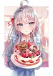  1girl ahoge alisa_mikhailovna_kujou apron blue_apron blush cake chibi cream cream_on_face food food_on_face fruit highres holding holding_cake holding_food holding_plate long_hair looking_at_viewer masachika_kuze official_art plate star_(symbol) strawberry strawberry_cake tenacitysaho textless_version thank_you tokidoki_bosotto_roshia-go_de_dereru_tonari_no_arya-san white_background white_hair 