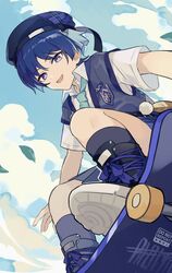  1boy :d aqua_necktie arms_at_sides beret bishounen black_footwear black_hat black_ribbon blue_sky blue_sweater_vest clouds collared_shirt day falling_leaves foot_out_of_frame from_below genshin_impact happy hat hat_ribbon highres leaf looking_at_viewer looking_down male_focus necktie official_alternate_costume open_mouth outdoors purple_hat ribbon scaramouche_(genshin_impact) shirt shoe_soles short_hair short_sleeves skateboard skateboarding sky smile socks solo split_mouth squatting sweater_vest swept_bangs tsurime two-tone_hat wamin wanderer_(genshin_impact) wanderer_(mega_mgc_coffee)_(genshin_impact) white_shirt wind wing_collar wolf_cut 