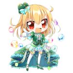  1girl :d blonde_hair blue_gemstone blue_skirt bow bowtie breasts character_request chibi commentary_request corset cowlick dress floating floating_object frilled_dress frilled_skirt frills full_body gem gem_hair_ornament gloves gold_trim green_bow green_corset green_footwear green_shirt grey_bow grey_bowtie hair_bow heart-shaped_gem high_heels hop_step_jumpers lets0020 looking_at_viewer medium_bangs medium_breasts medium_hair open_mouth pink_brooch pink_gemstone pointing pointing_at_viewer puffy_short_sleeves puffy_sleeves purple_gemstone red_eyes red_gemstone shirt short_sleeves showgirl_skirt simple_background skirt smile solo thigh-highs transparent_background v-shaped_eyebrows white_gloves white_thighhighs yellow_gemstone 
