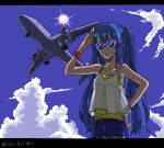  1girl aircraft airplane alternate_costume bad_drawr_id bad_id bare_arms blue_hair blue_sky bracelet camisole clouds collarbone day denim denim_shorts hand_on_own_hip hand_up hatsune_miku jet jewelry letterboxed long_hair megamegaglass oekaki outdoors salute shirt shorts sky solo sunglasses translation_request twintails vocaloid white_camisole yellow_shirt 